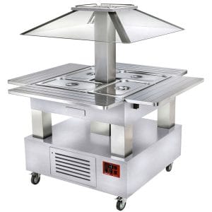 Island bain-marie varm buffé, motoriserat tak 4x GN1/1-150 (vitt trä)