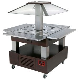 Island bain-marie varm buffé, motoriserat tak 4x GN1/1-150 (Wengé trä)