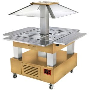 Island bain-marie varm buffé, motoriserat tak 4x GN1/1-150 (lätt trä)